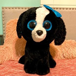 Beanie boo dog, black and blue, about 16 inches tall and about 6 inches wide.